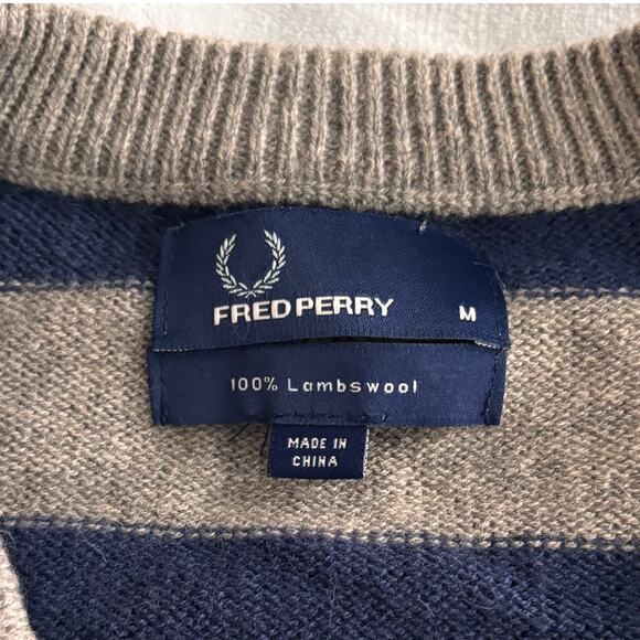 Fred Perry Mens Striped Lambswool Sweater Medium Blue Gray V-Neck Jumper Preppy - Picture 4 of 8